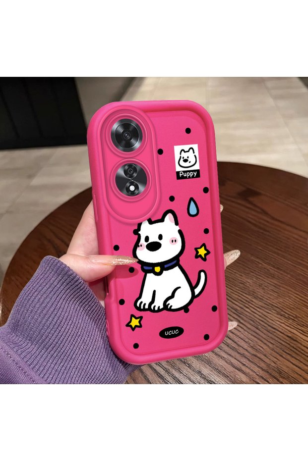 Oppo A60 Compatible Pink Red Silicone Dotted Dog Pattern Case Shockproof Camera Protection