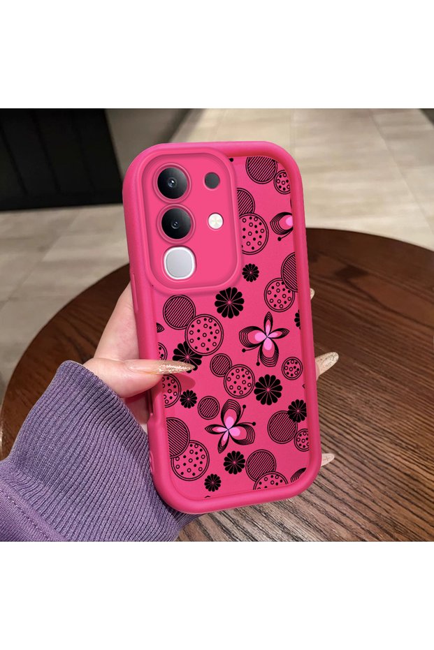 Vivo Y29 4g Compatible Pink Red Silicone Flower and Butterfly Pattern Case Shockproof Camera Protection