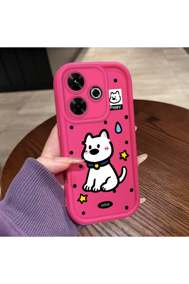 Redmi 13/13X Compatible Pink Red Silicone Dotted Dog Pattern Case Shockproof Camera Protection