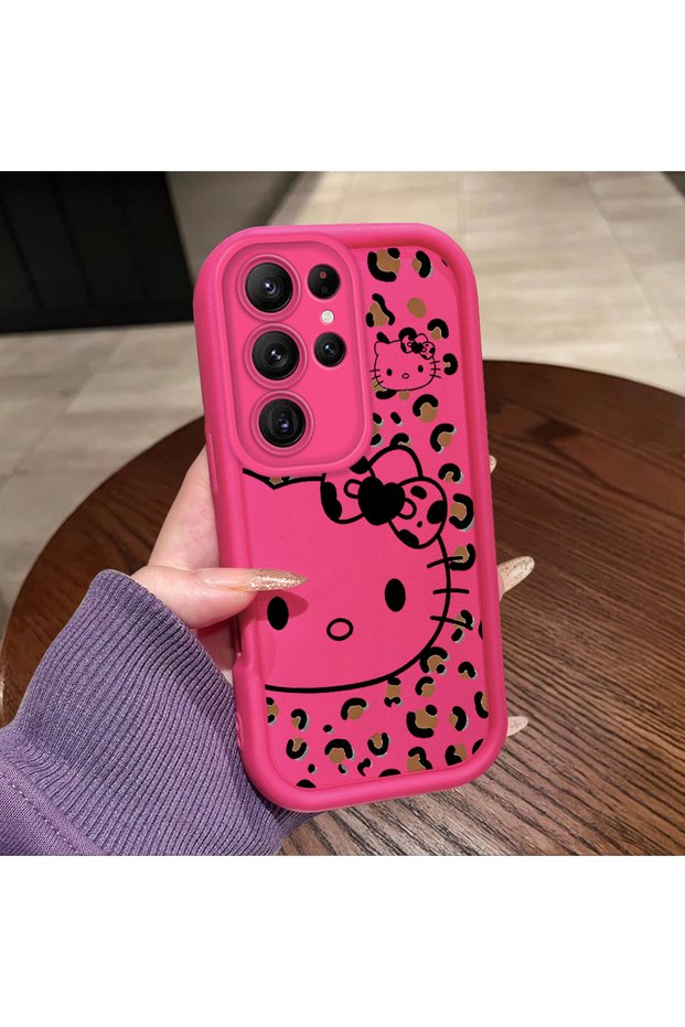 Samsung Galaxy S22 Ultra Compatible Pink Red Silicone Leopard Pattern Kitty Case Shockproof Camera Protection
