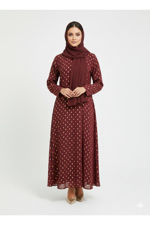 Rizqé Crimson Gilded Foil Polka Dot Maroon Modest Abaya