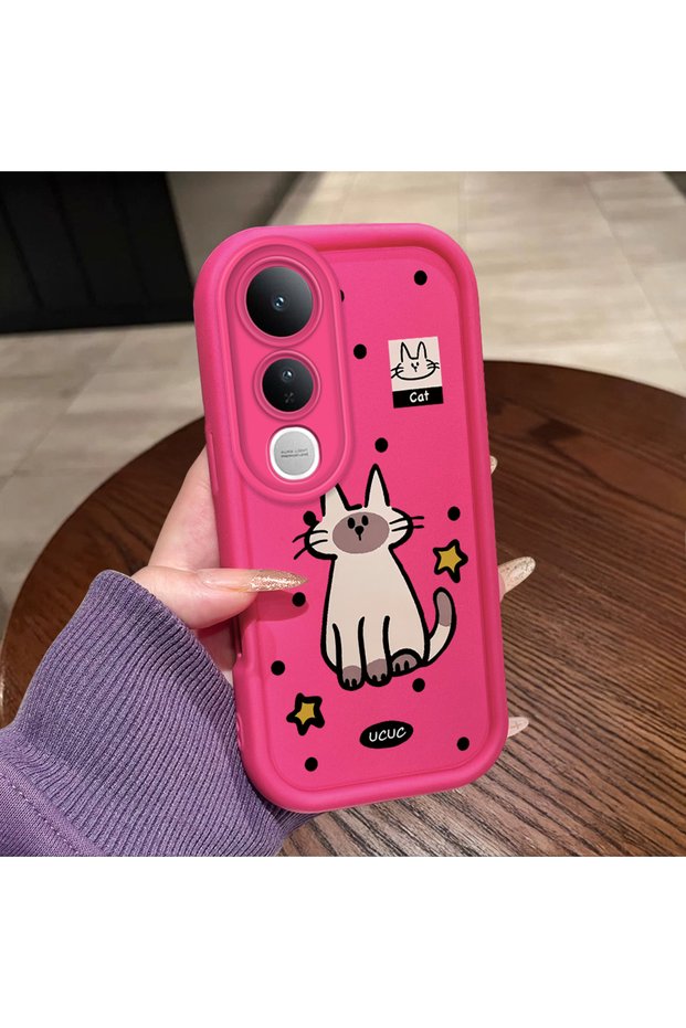 For Vivo V50 Lite 4G/5G Compatible Pink Red Silicone Dotted Cat Pattern Case Shockproof Camera Protection