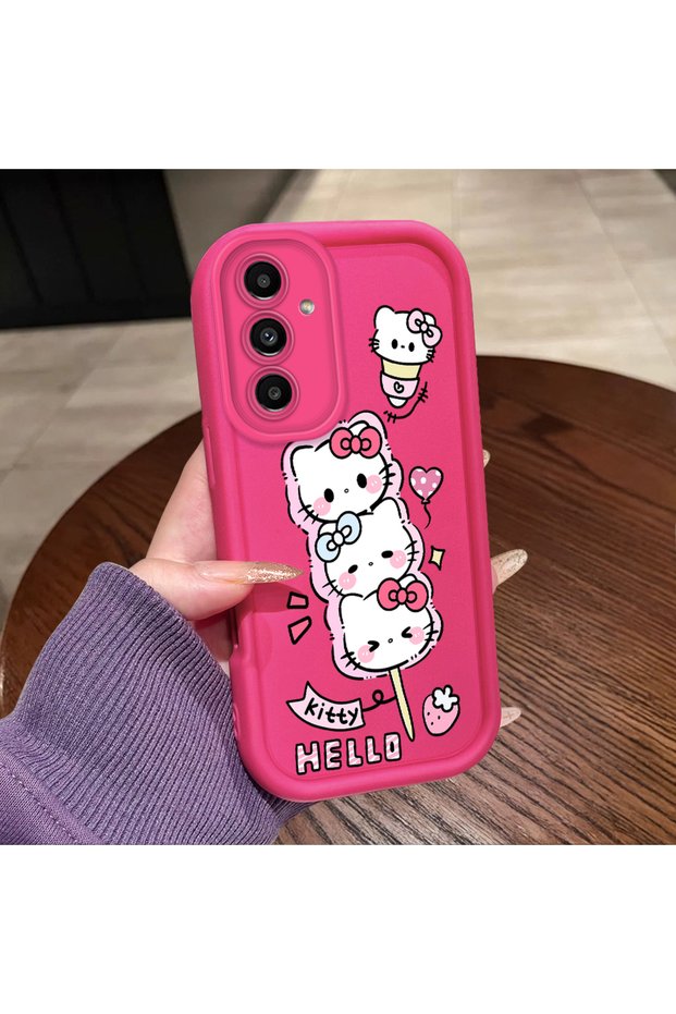 Samsung Galaxy A04S Compatible Pink Red Silicone Strawberry Kitty Pattern Case Shockproof Camera Protection