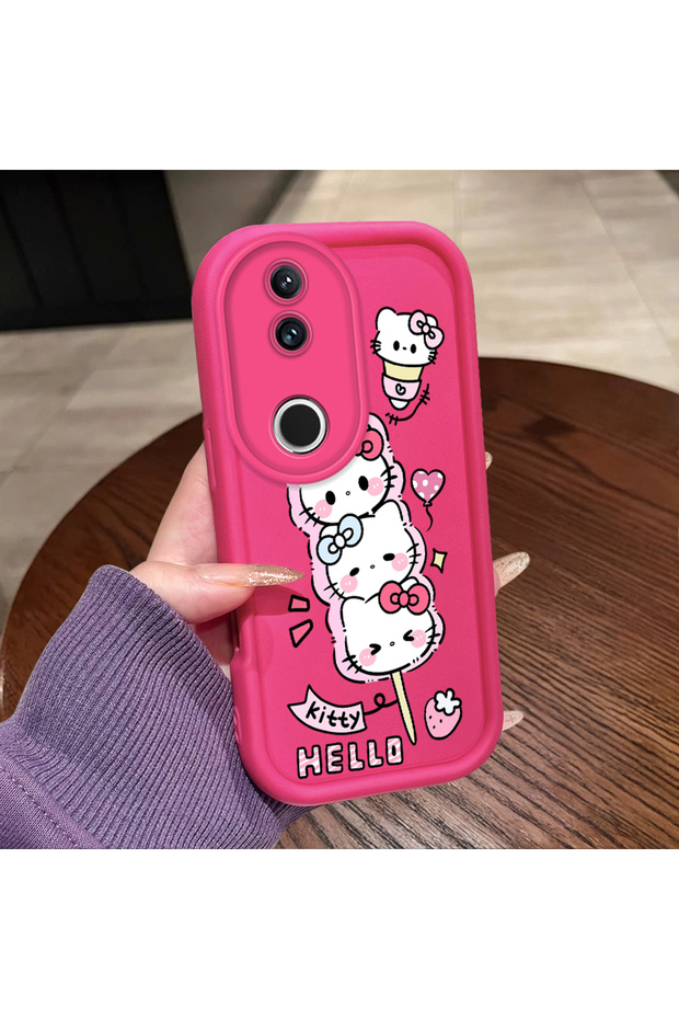 Vivo V50 Compatible Pink Red Silicone Strawberry Kitty Pattern Case Shockproof Camera Protection