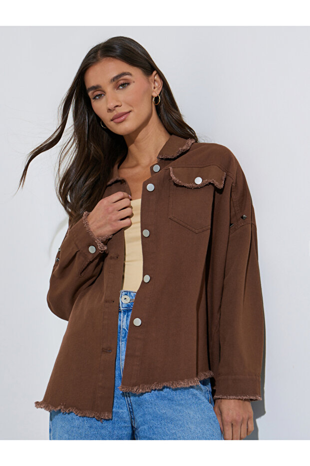 Brown Studded Oversized Denim Shirt with Frayed Edge