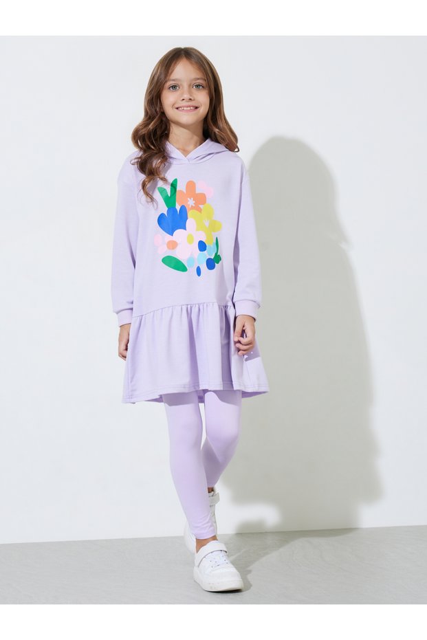 Girls Lilac Floral Print Hoodie Dress and Leggings Set