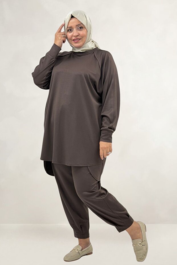 67075 Plus Size Skirt and Piece Detailed Modal Pants Set - Brown