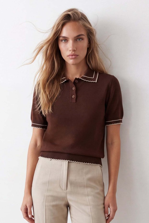 Women's coffee polo collar buttoned knitwear blouse alc-x15771