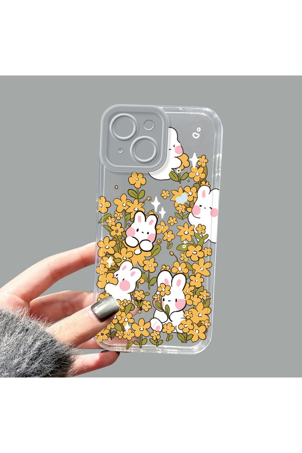 iPhone 14 Compatible Transparent Silicone Case with Yellow Flowers and Cute Rabbit Pattern, Camera Protected, Anti-Shock