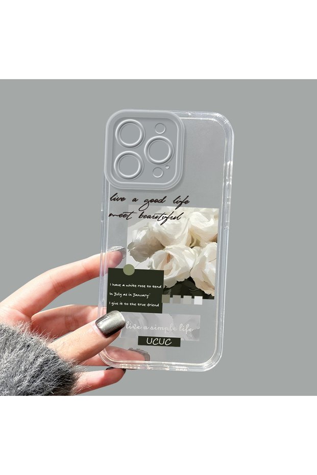 iPhone 15 Pro Max Compatible Transparent Silicone Case Minimal White Rose Text Pattern Camera Protected Anti-Shock Phone Case