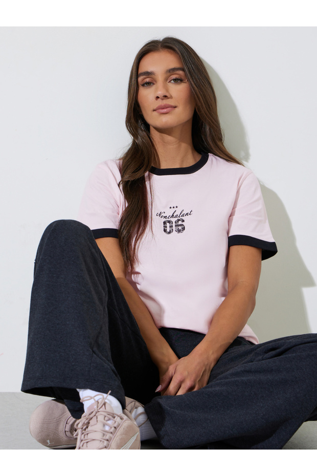Pink Slogan Print Contrast Trims Regular Fit T-Shirt