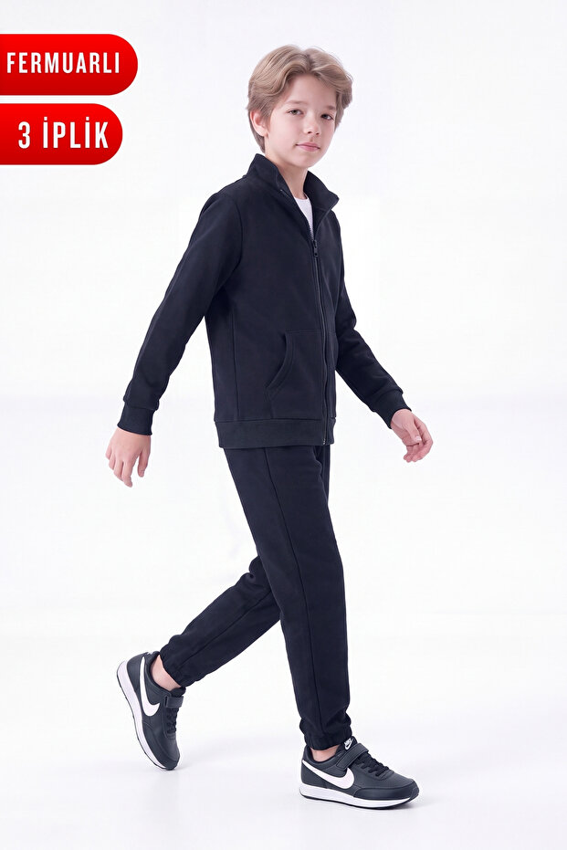 Boy's Basic Zippered Stand Collar Double Pocket Tracksuit Set