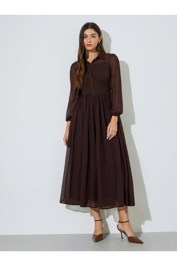 Brown Solid Ruched Detail Shirt Maxi Dress with Long Sleeves