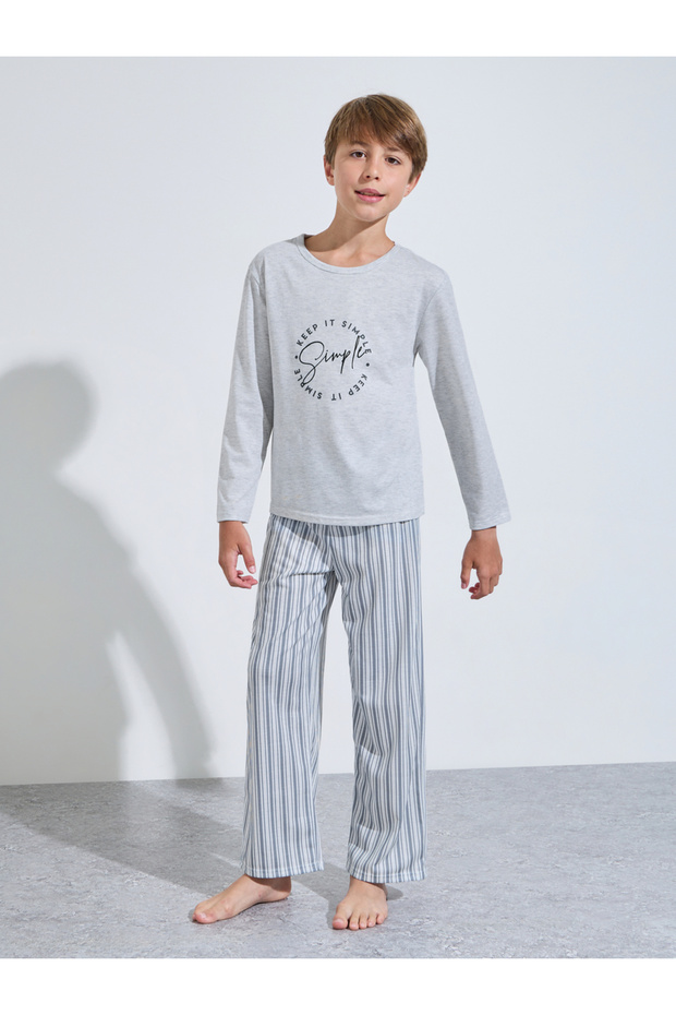 Teen Boys Grey Printed Long Sleeves T-Shirt and Striped Pants Pyjama Set