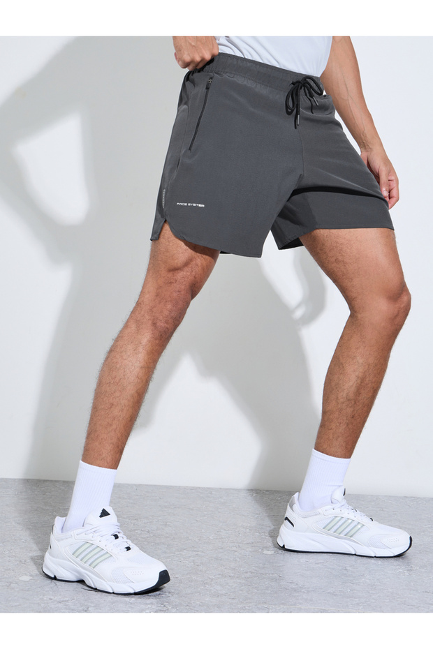 Grey Solid Side Slit Regular Fit Running Shorts with Zipper Pocket