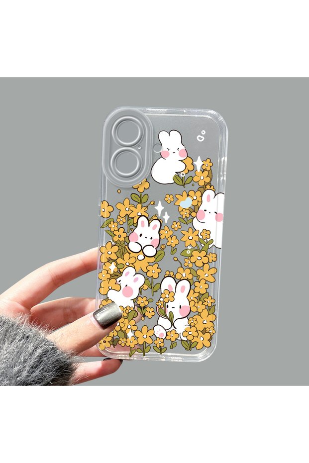 iPhone 16 Compatible Transparent Silicone Case with Yellow Flowers and Cute Rabbit Pattern, Camera Protected, Anti-Impact