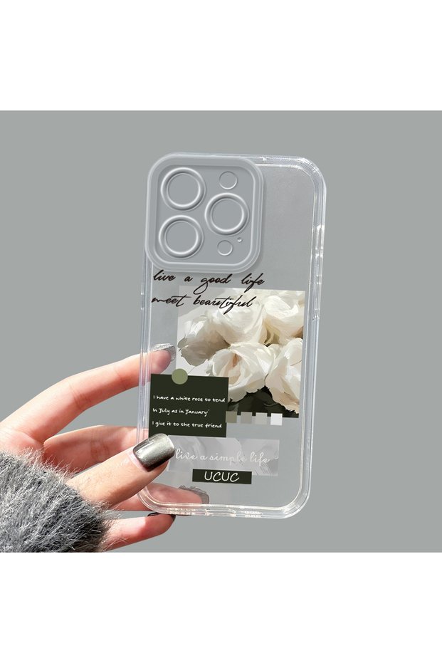 iPhone 15 Pro Compatible Transparent Silicone Case Minimal White Rose Text Pattern Anti-Shock Phone Case with Camera Protection
