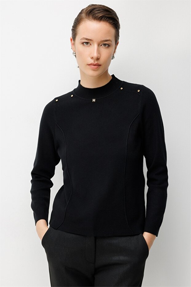 Women's Staple Detailed Stitched Knitwear Sweater 10349 Black
