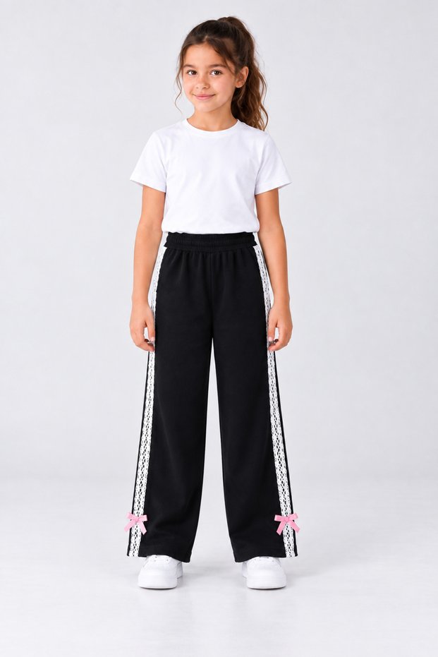 Girl's Wide Leg Sweatpants with Lace Stripes on the Sides and Pink Bow Detail