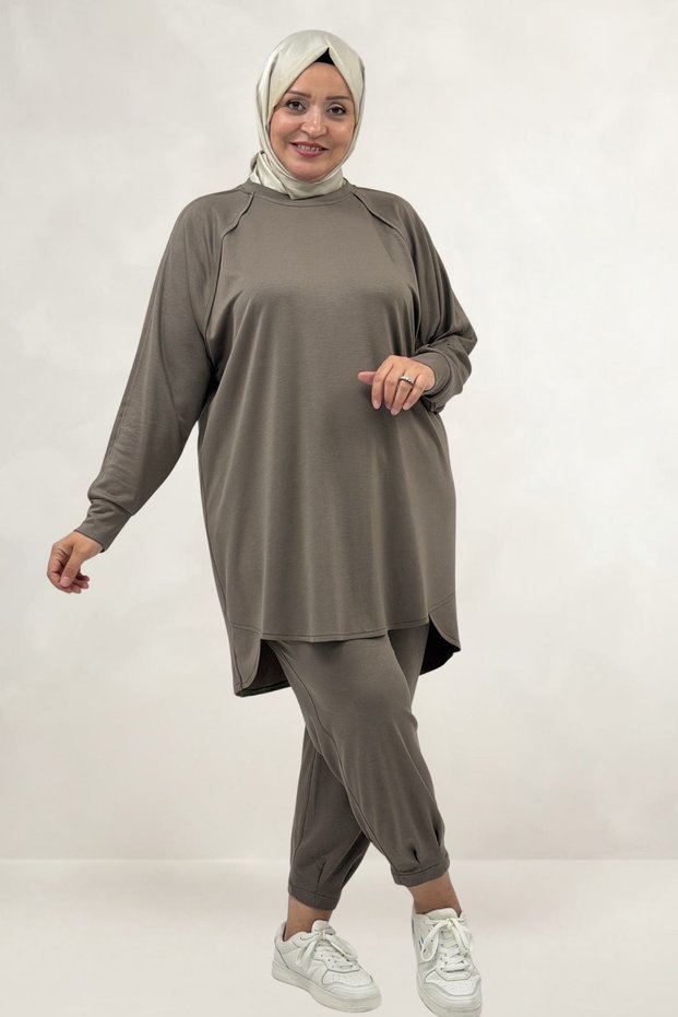 67075 Plus Size Skirt and Piece Detailed Modal Pants Set - Mink