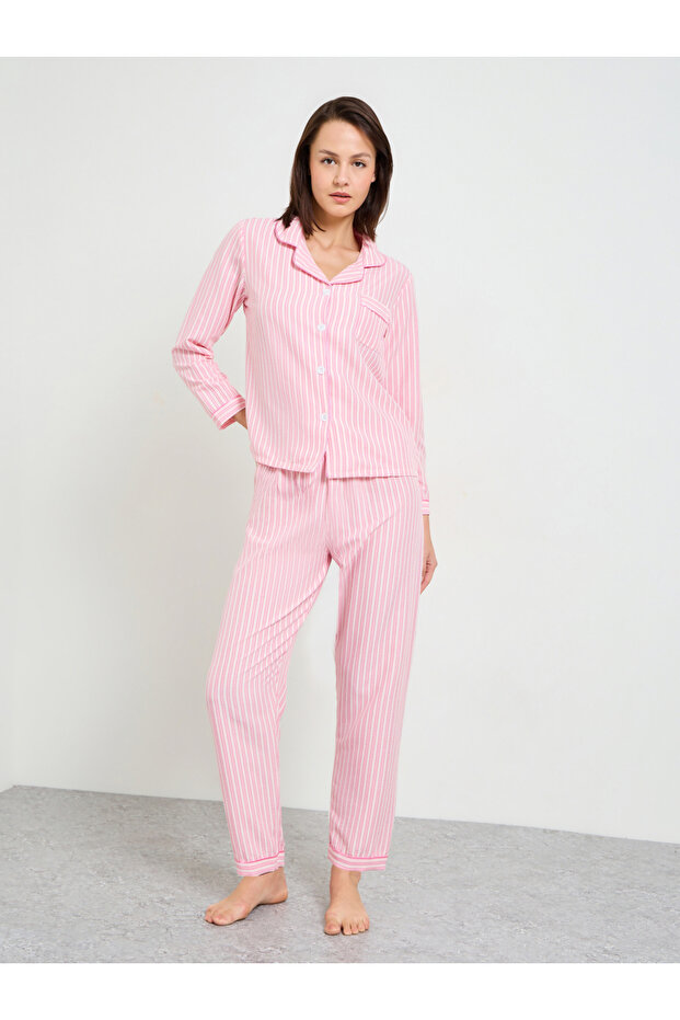 Pink Striped Polyester Pajama Set with Long Sleeves