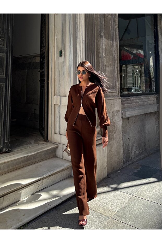 Women's Brown Double Zipper Top and Bottom Knitwear Set
