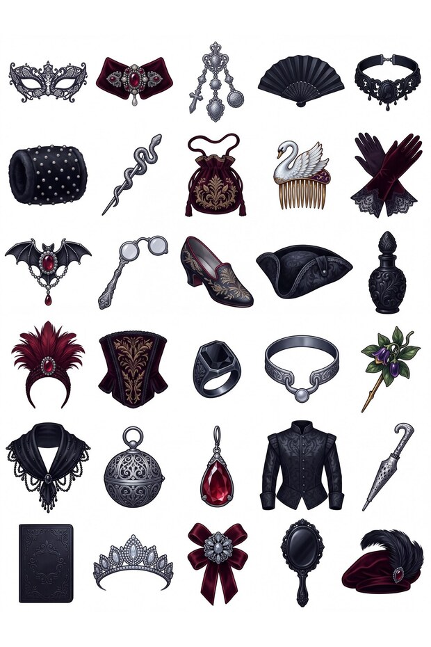 30 Piece Gothic Masquerade Sticker Set - Laptop, Notebook, Agenda