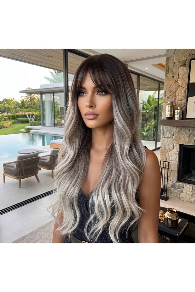 Long fiber synthetic wig with wavy bangs - dark chestnut / ashy gray platinum ombre