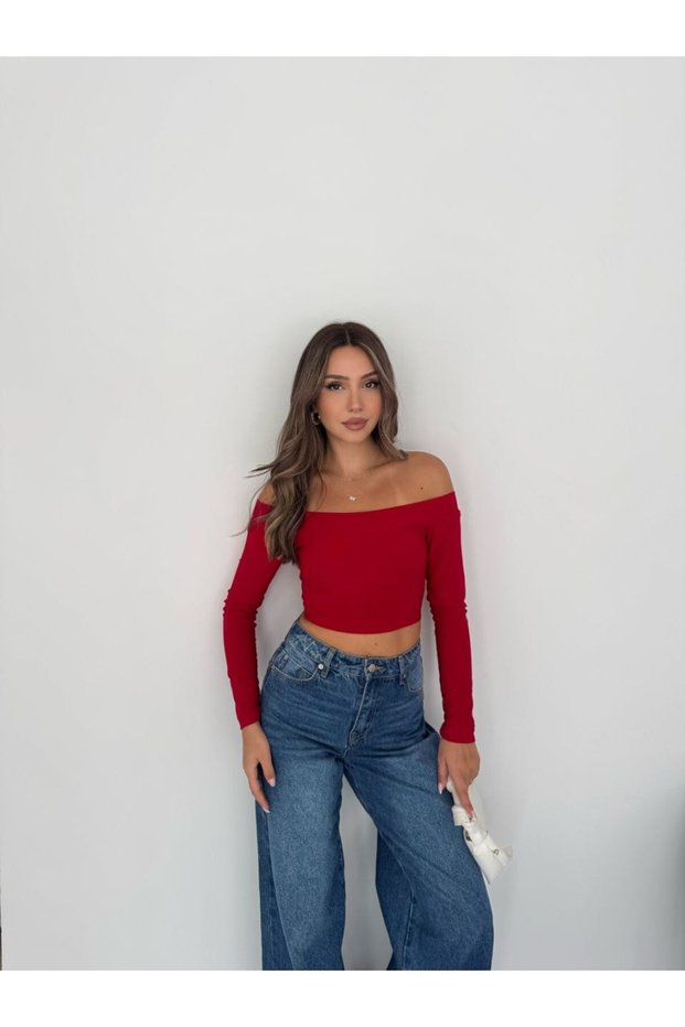 Sandy Fabric Off-The-Shoulder Long Sleeve Blouse