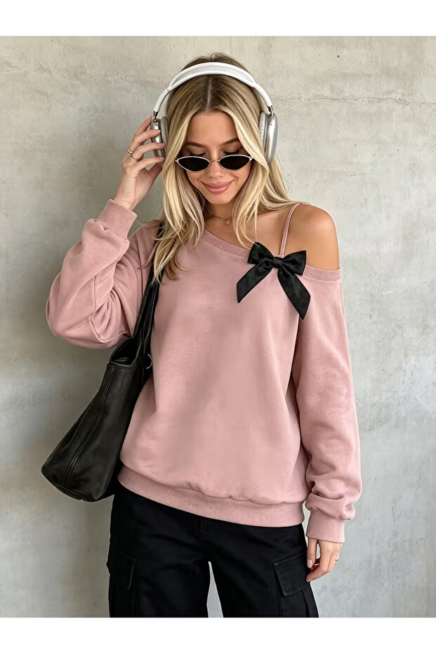 Women's Boat Neck Sweatshirt with Bow and Sleeve Strap Detail