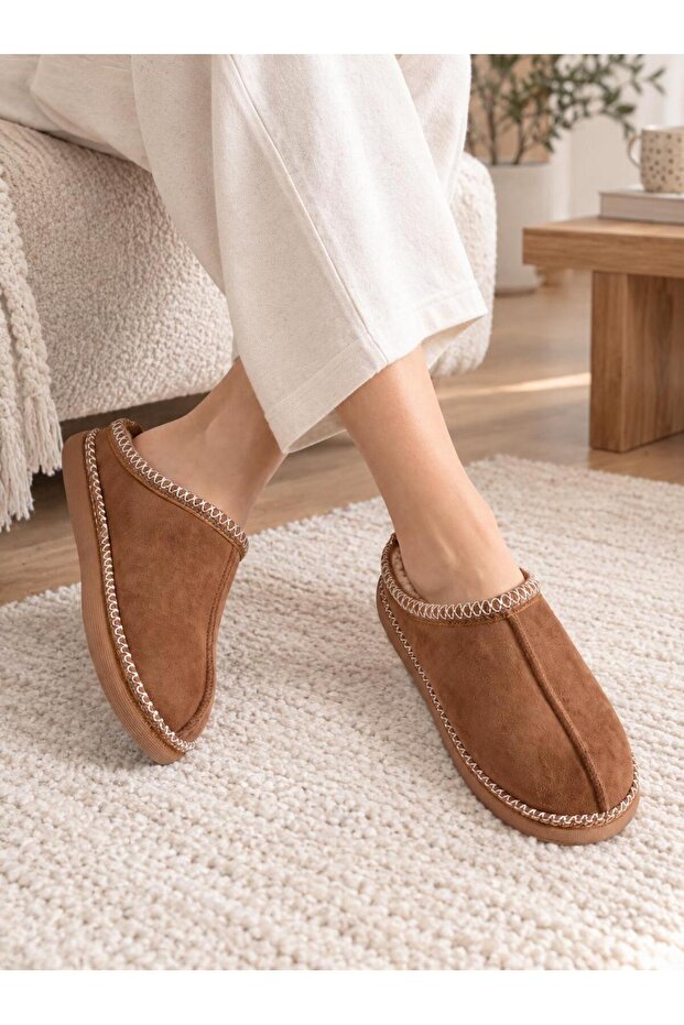 Women's Tan Thick Sole Fur-Lined House Slippers Home Shoes (Narrow Fit)