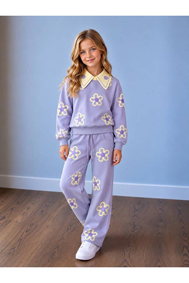 Girl's Floral Printed Collared Double Top and Bottom Set