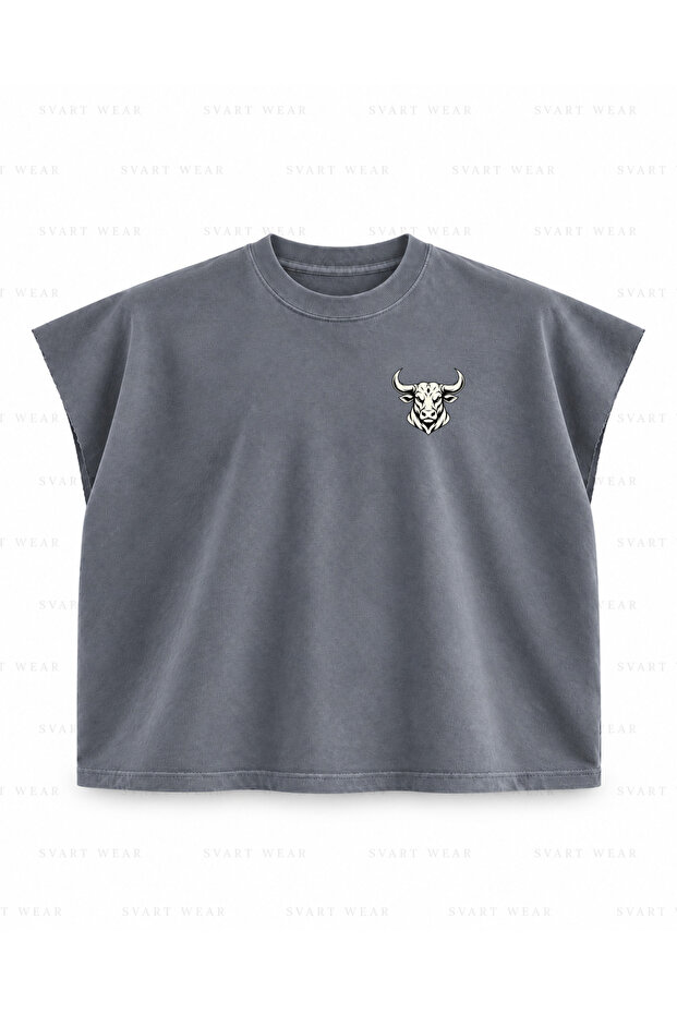 Assaulting Bull Printed Boxy Oversize Sleeveless T-Shirt - Anthracite