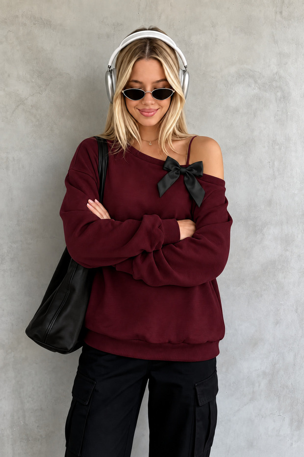 Women's Boat Neck Sweatshirt with Bow and Sleeve Strap Detail