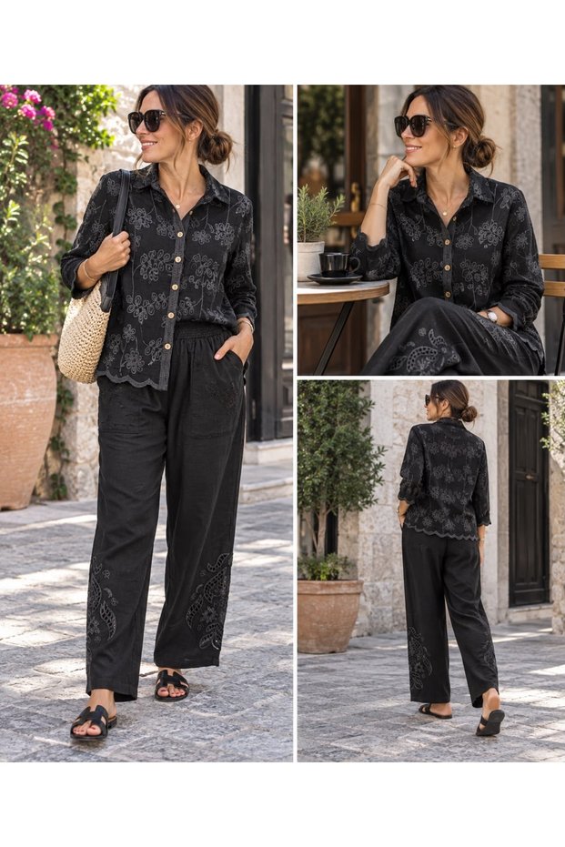 Women's Embossed Shirt and Laser-Cut Trousers Set
