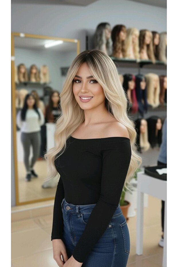 Wavy Perched Fiber Synthetic Medium Length Wig - Brown with Platinum Highlights
