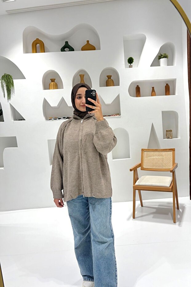Zippered Oversize Knitwear Cardigan - Mink
