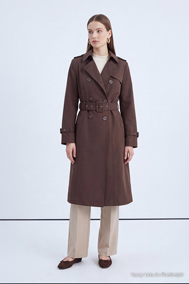 Double-Breasted Collar Epaulet Belted Bitter Trench Coat 12528