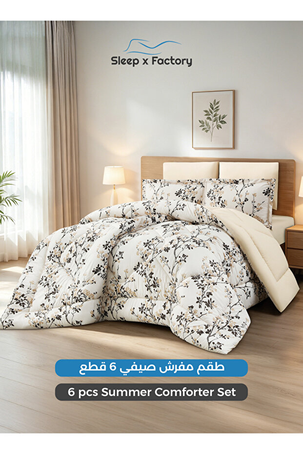 طقم لحاف من الألياف الدقيقة قابل للعكس مكون من 6 قطع 200×200 سم - أغطية سرير بنقشة زهور