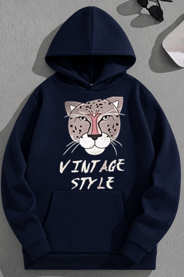 Unisex 3 Thread Cotton Navy Blue Vintagestyle Print Loose Fit Sweatshirt Hoodie