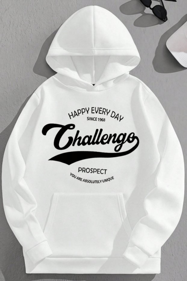 Unisex 3 Thread Cotton White Challenge Loose Fit Sweatshirt Hoodie