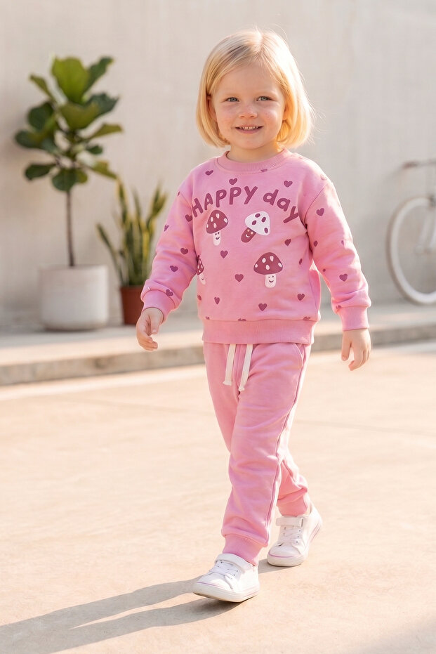 Girl's Pink Sweatshirt and Sweatpants Double Set
