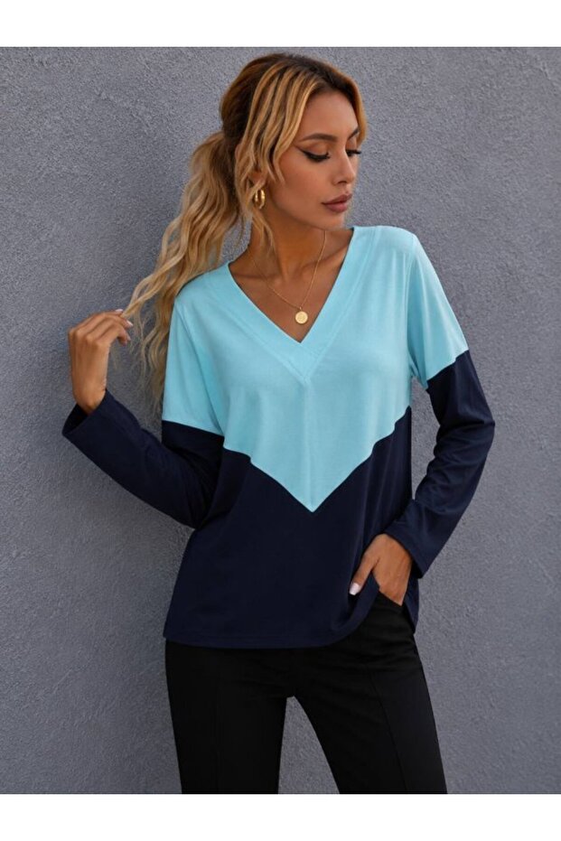 Women's v-neck two-tone long sleeve blouse