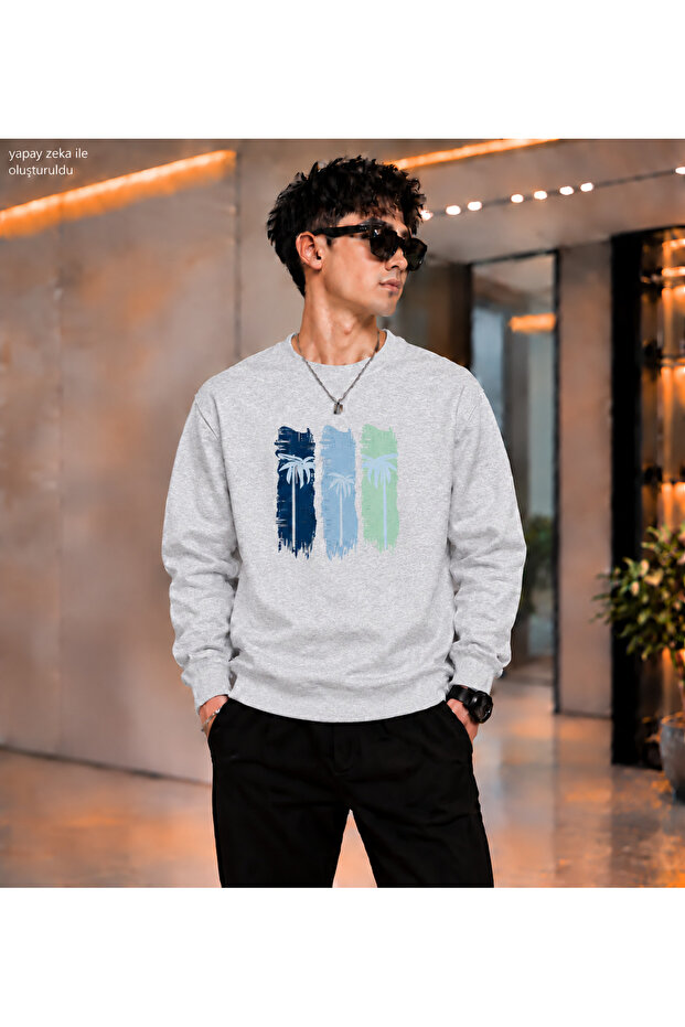 Men's Palm Silhouette Brushstroke Printed Crew Neck Casual Regular Fit Sweatshirt