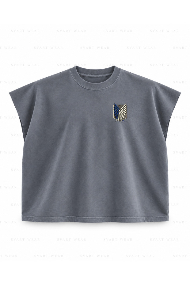 Attack on Titan Mikasa Ackerman Scarf Panel Printed Boxy Oversize Sleeveless T-Shirt - Anthracite