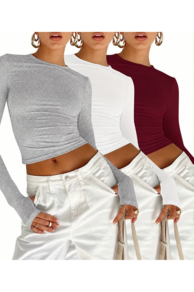 Women's Long Sleeve Crew Neck 3-Piece Set Crop Body
