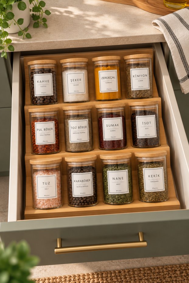 Nivola – Set of 12 Borosilicate Spice Containers with Bamboo Lids and Large Drawer Organizer Stand