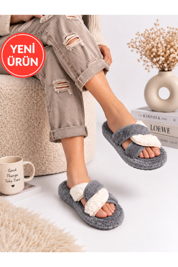 Women's Plush House Slippers with Cross Straps, Open Toe, Thick Sole, Winter Comfortable House Slippers, Dowry Slippers Stc1349
