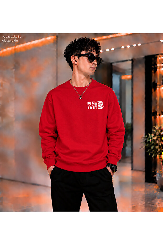 Men's Mtb Mountain Bike Left Chest Printed Crew Neck Casual Regular Fit Sweatshirt