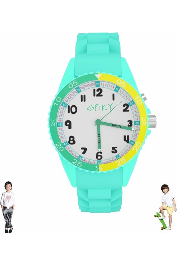 Round Stylish Analog Watch for Kids 7 Multicolor LED Lights Rotating Bezel 30M Water Resistant -Green